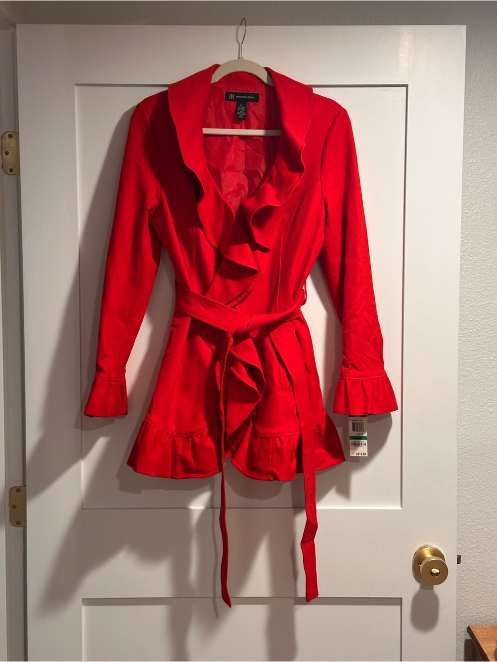 INC International Concepts Red Ruffle Belted Jacket NWT